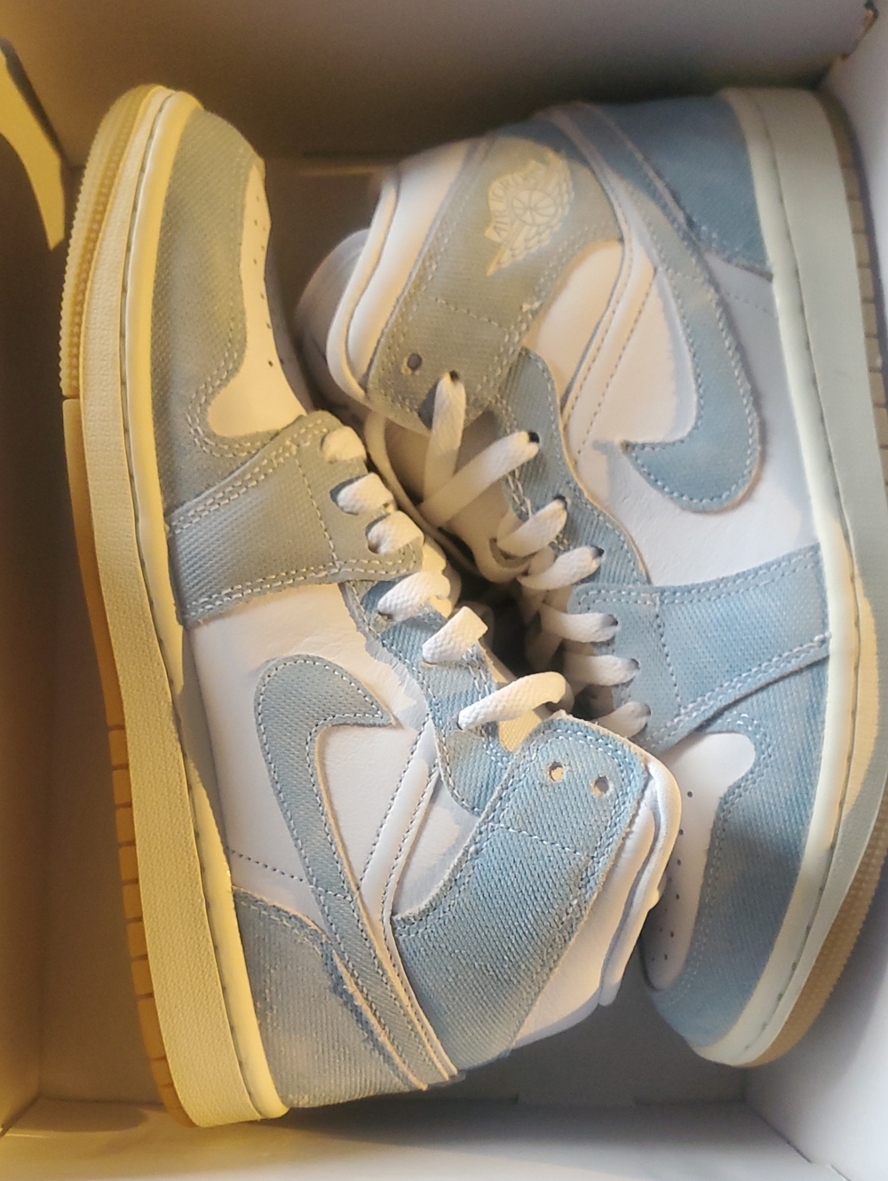 Jordan Womens 1 Mid Denim Light Blue and White High-Top Sneakers